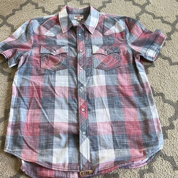 True Religion Western Woven Short Sleeve Button Shirt size L EUC - Picture 1 of 9
